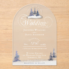 冬のワンダーランドウッドランド雪のアーチの形結婚状 アクリル招待状