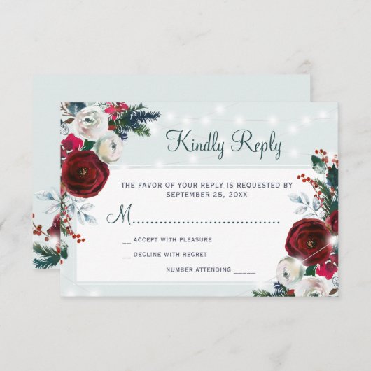 冬のワンダーランドクリスマスレッド結婚フローラ 出欠カード (正面/裏面)