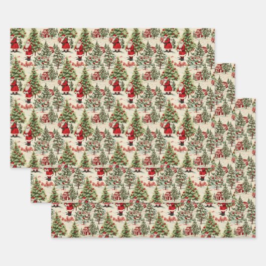 冬のワンダーランドサンタとクリスマスツリー2 ラッピングペーパーシート (セット)