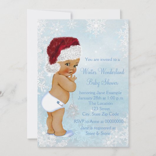 冬のワンダーランドサンタハットエスニックボーイベビーシャワー 招待状 (裏面)