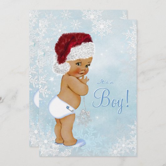 冬のワンダーランドサンタハットエスニックボーイベビーシャワー 招待状 (正面/裏面)