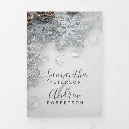 冬のワンダーランドシルバースノー結婚タイポグラフィ 三つ折り招待状 (カバー)