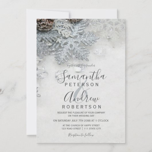冬のワンダーランドシルバースノー結婚タイポグラフィ 招待状 (正面)