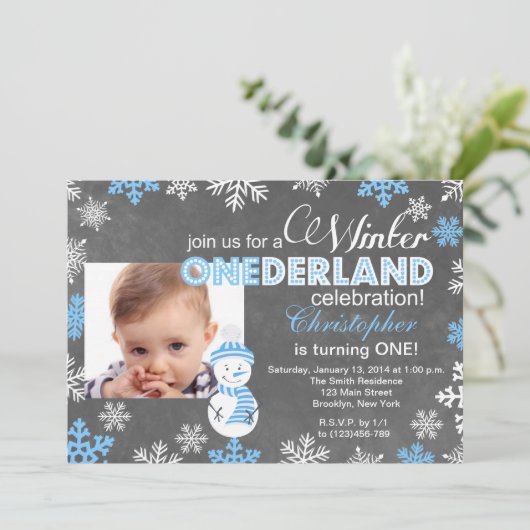 冬のワンダーランドスノーフレーク第1誕生日招待状 招待状 (スタンド正面)