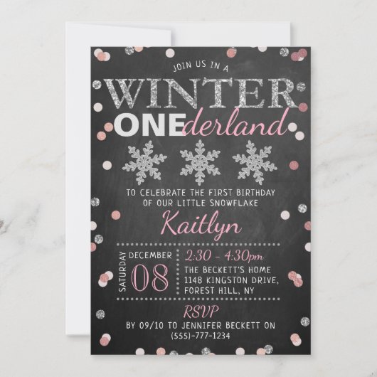 冬のワンダーランドチョークボード1日の誕生日 招待状 (正面)