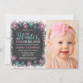 冬のワンダーランドティール(緑がかった色)シャルボード1st誕生日 招待状 (正面)