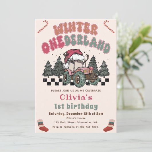 冬のワンダーランドトラッククリスマスクリスマス1日の誕生日 招待状 (スタンド正面)