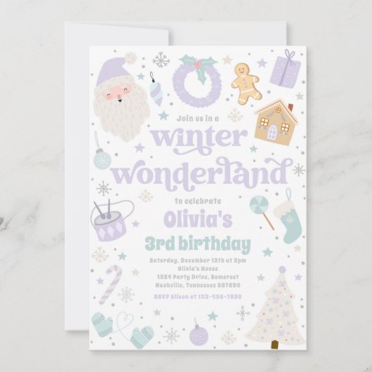 冬のワンダーランドパープルクリスマスバースデーパーティー 招待状 (正面)