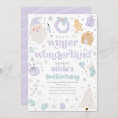 冬のワンダーランドパープルクリスマスバースデーパーティー 招待状 (正面/裏面)
