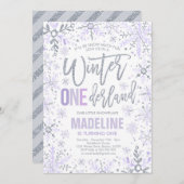 冬のワンダーランドパープルシルバースノーフレーク誕生日 招待状 (正面/裏面)