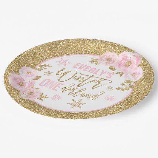 冬のワンダーランドピンクと金ゴールドの装飾 ペーパープレート (アングル)