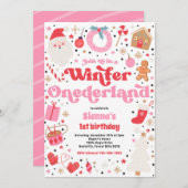 冬のワンダーランドピンクのクリスマス誕生日パーティー 招待状 (正面/裏面)
