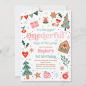 冬のワンダーランドピンクのクリスマス誕生日パーティー 招待状 (正面)