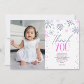 冬のワンダーランドピンクのスノーフレーク誕生日パーティー サンキューカード (正面)
