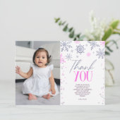 冬のワンダーランドピンクのスノーフレーク誕生日パーティー サンキューカード (スタンド正面)