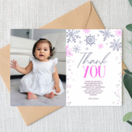 冬のワンダーランドピンクのスノーフレーク誕生日パーティー サンキューカード