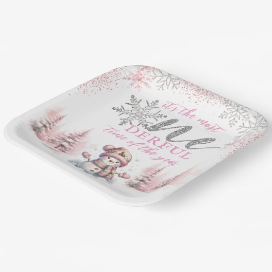 冬のワンダーランドピンクの女の子クリスマス1st誕生日 ペーパープレート (傾斜あり)