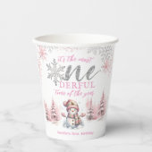 冬のワンダーランドピンクの女の子クリスマス1st誕生日 紙コップ (正面)