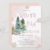 冬のワンダーランドピンクの女の子1st誕生日 招待状 (正面/裏面)