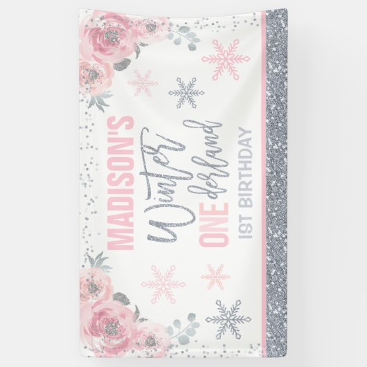冬のワンダーランドピンクの最初の誕生日の装飾 横断幕 (縦)