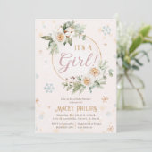 冬のワンダーランドピンクの赤ちゃん女の子シャワー散水 招待状 (スタンド正面)