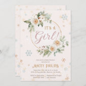 冬のワンダーランドピンクの赤ちゃん女の子シャワー散水 招待状 (正面/裏面)