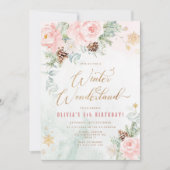 冬のワンダーランドピンクの金ゴールド雪の誕生日 招待状 (正面)