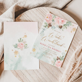 冬のワンダーランドピンクの金ゴールド雪の誕生日 招待状