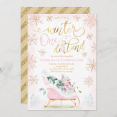 冬のワンダーランドピンク冬のソリ1st誕生日 招待状 (正面/裏面)