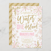 冬のワンダーランドピンク金ゴールド雪片1歳の誕生日 招待状 (正面/裏面)