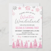 冬のワンダーランドピンク雪の結晶2nd誕生日 招待状 (正面)