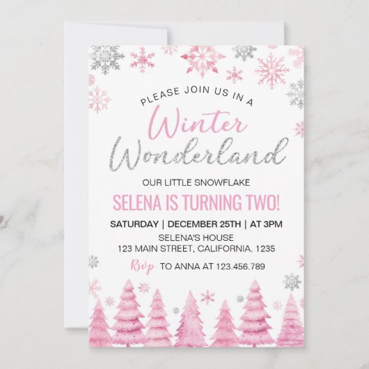 冬のワンダーランドピンク雪の結晶2nd誕生日 招待状 (正面)