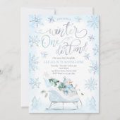 冬のワンダーランドブルーウィンタースリー1st誕生日 招待状 (正面)