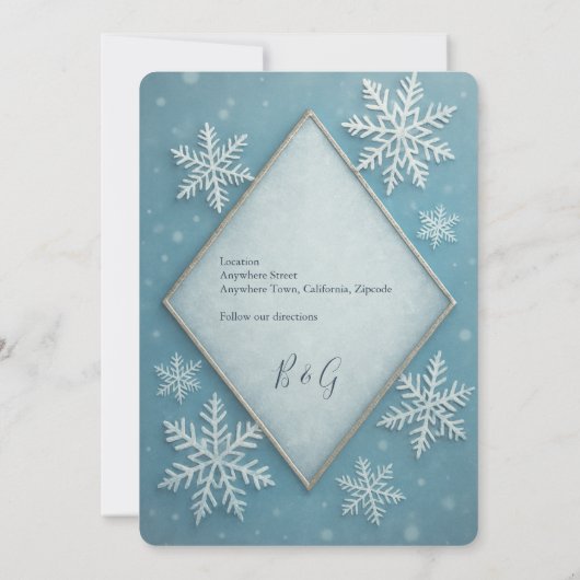冬のワンダーランドブルースノーロマン日付を保存 招待状 (裏面)