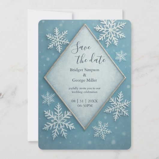 冬のワンダーランドブルースノーロマン日付を保存 招待状 (正面)