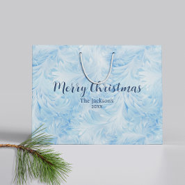 冬のワンダーランドブルー霜の降りたパターン ラージペーパーバッグ