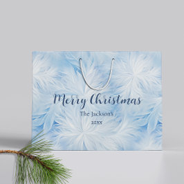 冬のワンダーランドブルー霜の降りたパターン ラージペーパーバッグ