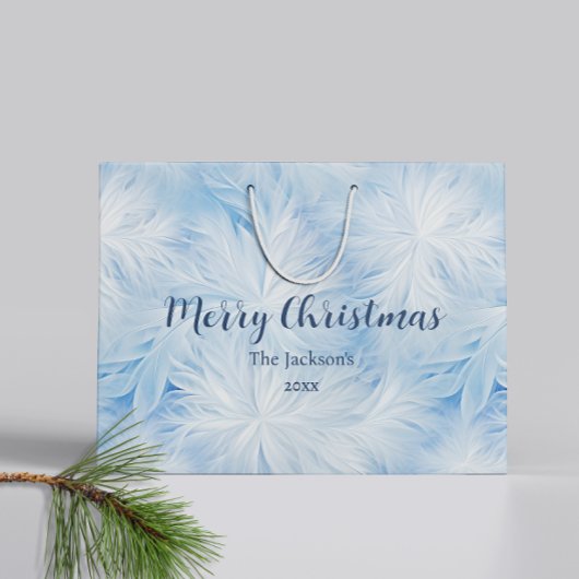 冬のワンダーランドブルー霜の降りたパターン ラージペーパーバッグ