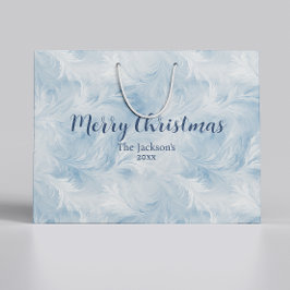 冬のワンダーランドブルー霜の降りたパターン ラージペーパーバッグ