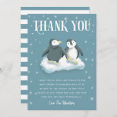 冬のワンダーランドペンギンブルーベイビーシャワー サンキューカード (正面/裏面)