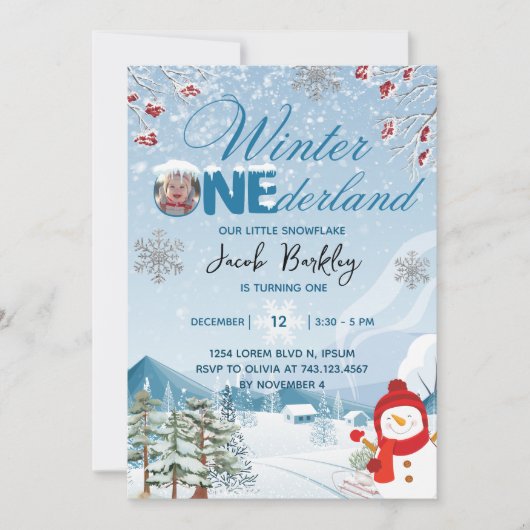 冬のワンダーランドボーイまたは女の子1st誕生日 招待状 (正面)