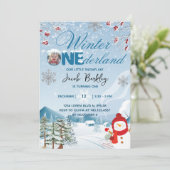 冬のワンダーランドボーイまたは女の子1st誕生日 招待状 (スタンド正面)