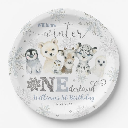 冬のワンダーランド北極の動物たち雪1歳の誕生日 ペーパープレート (正面)