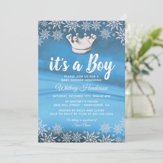 冬のワンダーランド小さな王子の男の子の赤ちゃんシャワー 招待状 (スタンド正面)