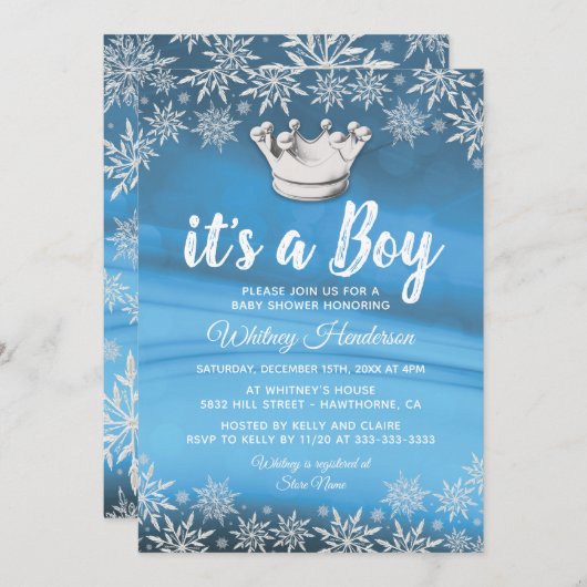 冬のワンダーランド小さな王子の男の子の赤ちゃんシャワー 招待状 (正面/裏面)