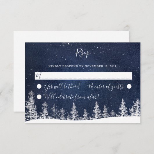 冬のワンダーランド星空の夜の雪の森結婚の 出欠カード (正面/裏面)