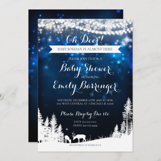冬のワンダーランド星空の夜の鹿の赤ちゃんシャワー 招待状 (正面/裏面)