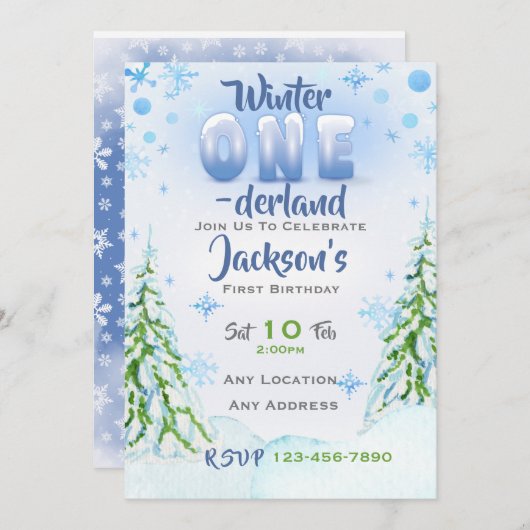 冬のワンダーランド最初の誕生日パーティーの招待状 招待状 (正面/裏面)