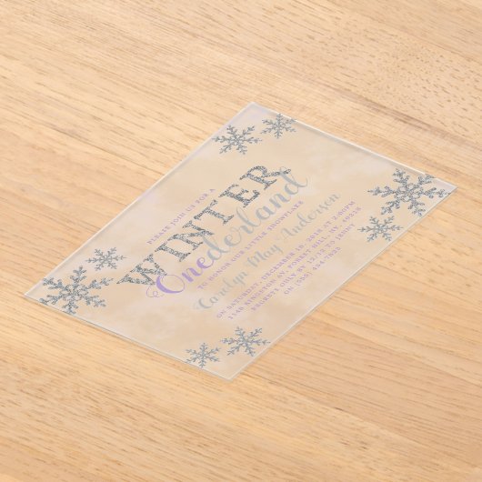 冬のワンダーランド最初の誕生日パーティー アクリル招待状 (レイダウン)