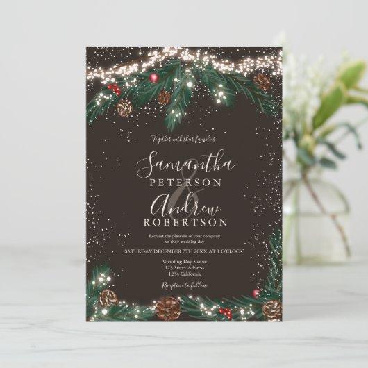 冬のワンダーランド松の雪の写真の結婚スクリプト 招待状 (スタンド正面)